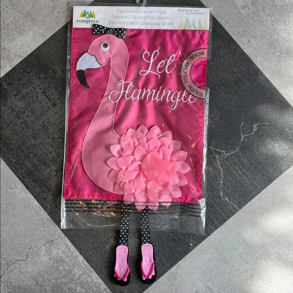 NWT - Evergreen appliqué Garden Flag - “Let’s Flamingle” pink flamingo - Picture 1 of 5